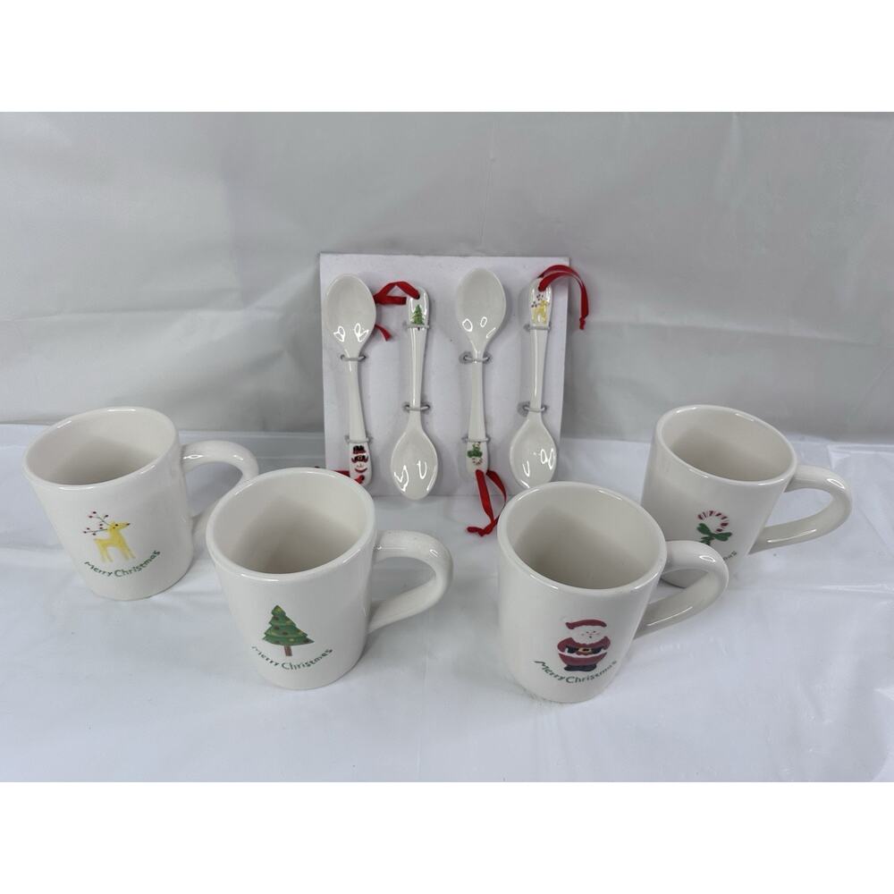 BIA Happy Holidays Set of 4 Christmas Mugs & Matching Ceramic Spoons Cordon Bleu